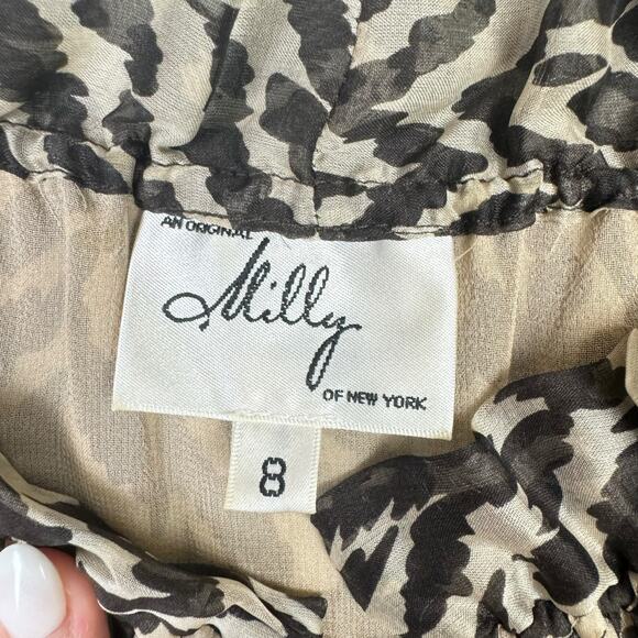 Milly Brown Tan Zebra Animal Print 100% Silk Short Sleeve Blouse - Picture 10 of 12